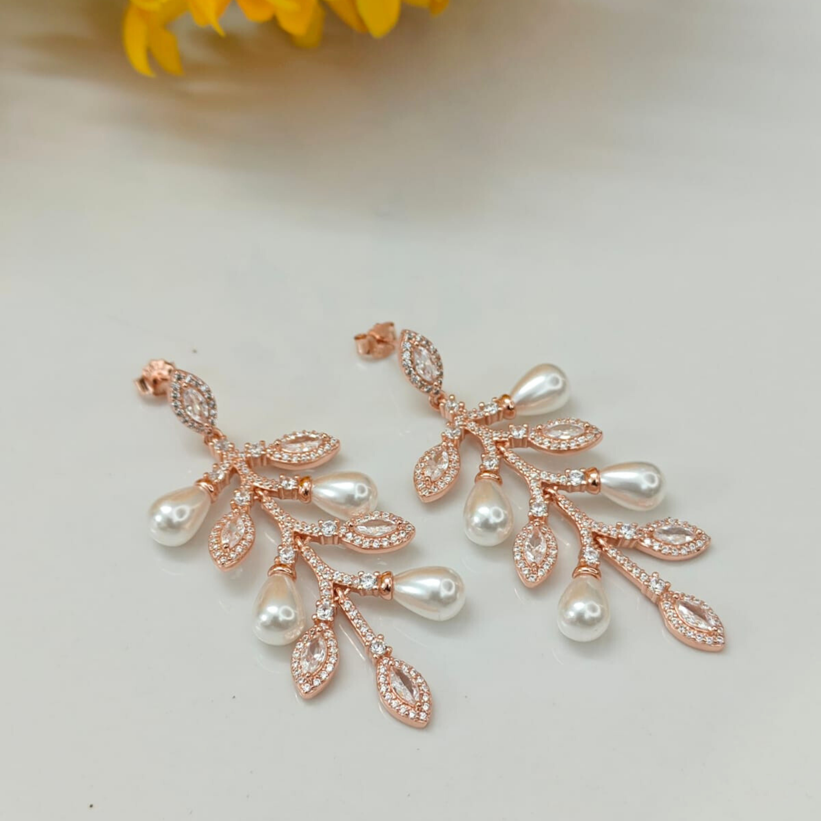 Rose Gold Pearl Dangle Earrings