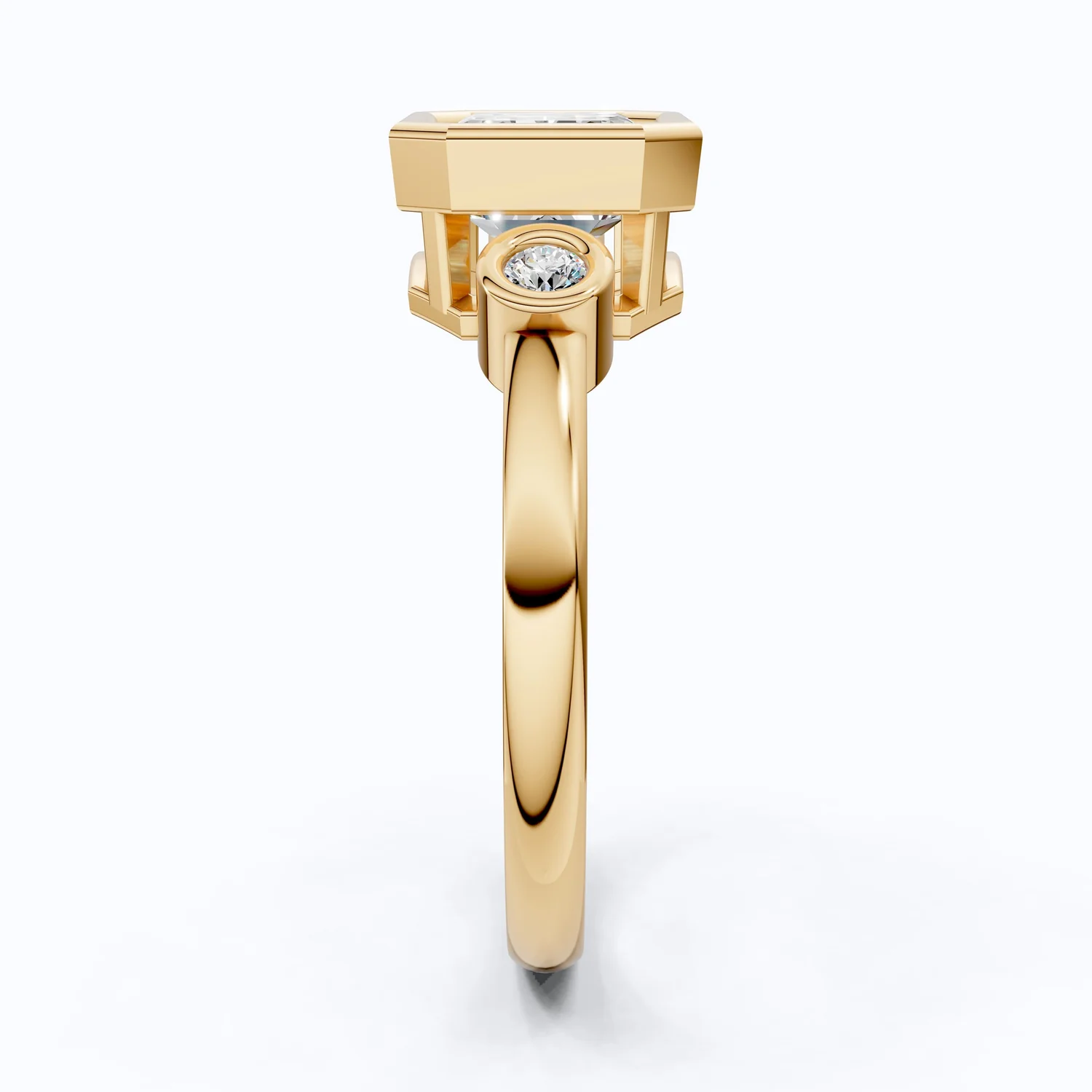 Minimalist Emerald Cut Bezel Accent Three Stone Engagement Ring