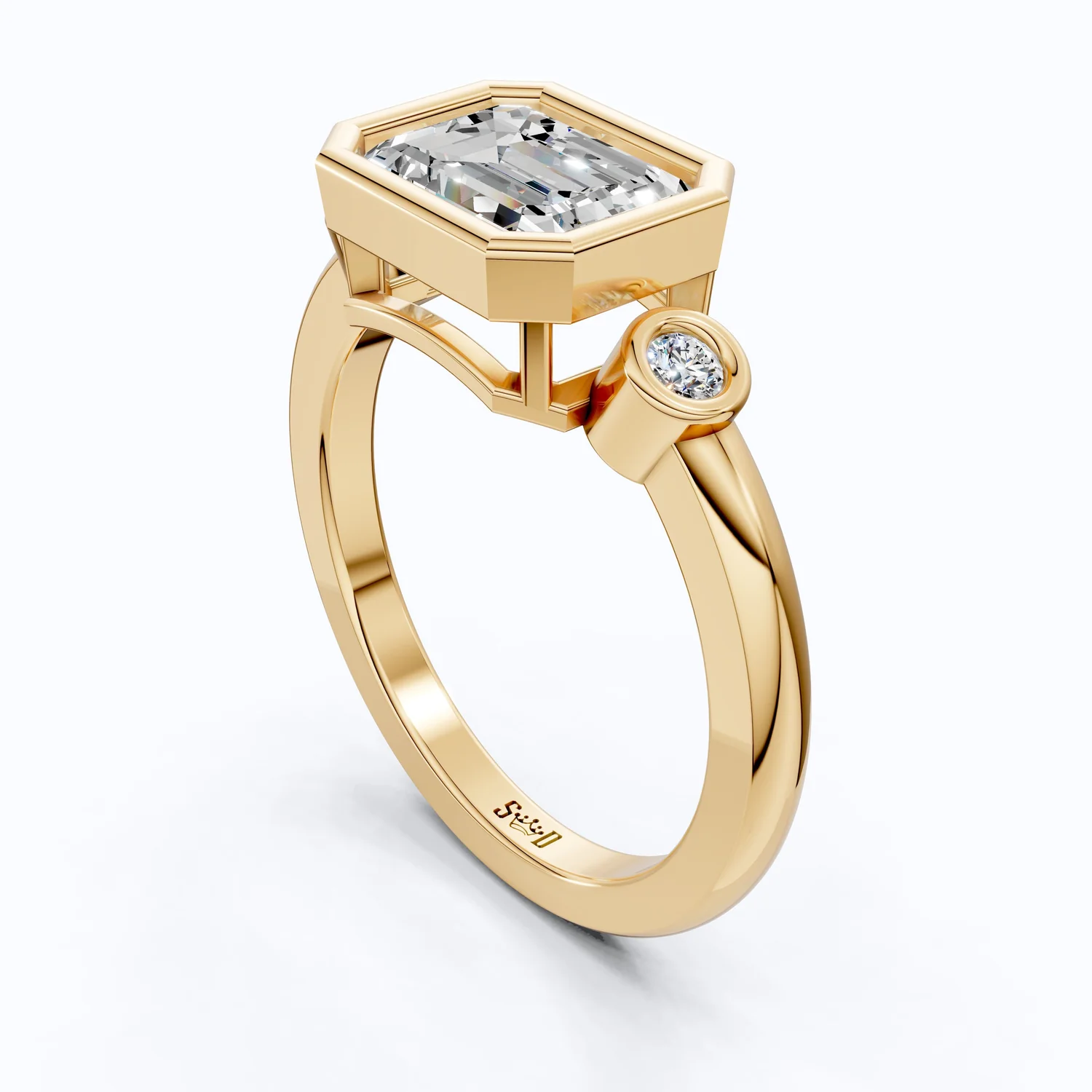 Minimalist Emerald Cut Bezel Accent Three Stone Engagement Ring